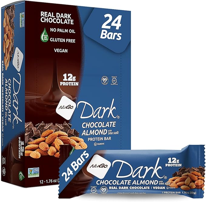 NuGo Dark Chocolate Almond with Sea Salt, 12g Protein Bar, Vegan, Gluten Free, Non-GMO, Kosher Pareve, 24 Count