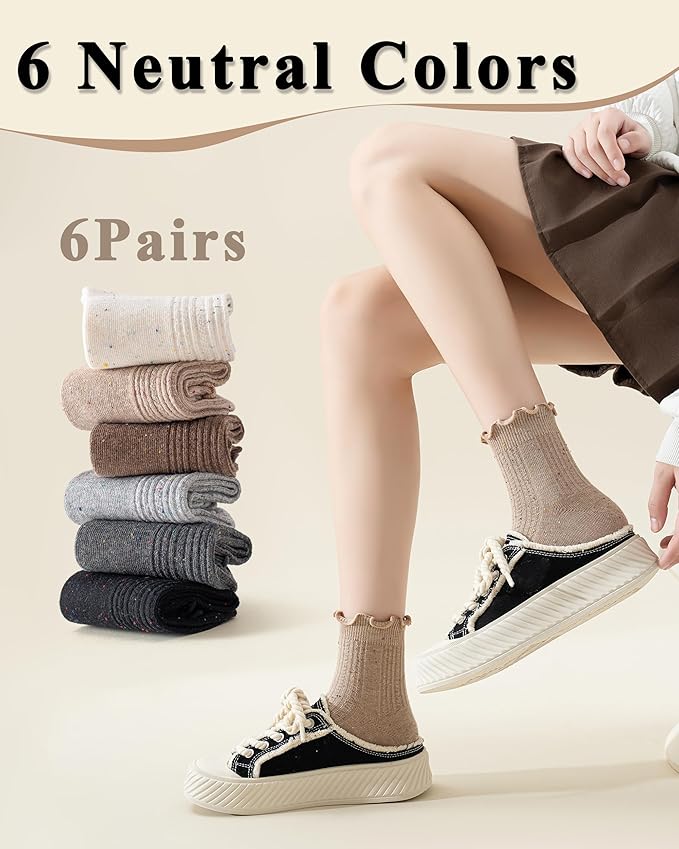 Mcool Mary Women's Ruffle Socks,Crew Cotton Sock,Over Ankle,Casual Frilly Cute Knit Lettuce Trim Dress Socks 6 Pack