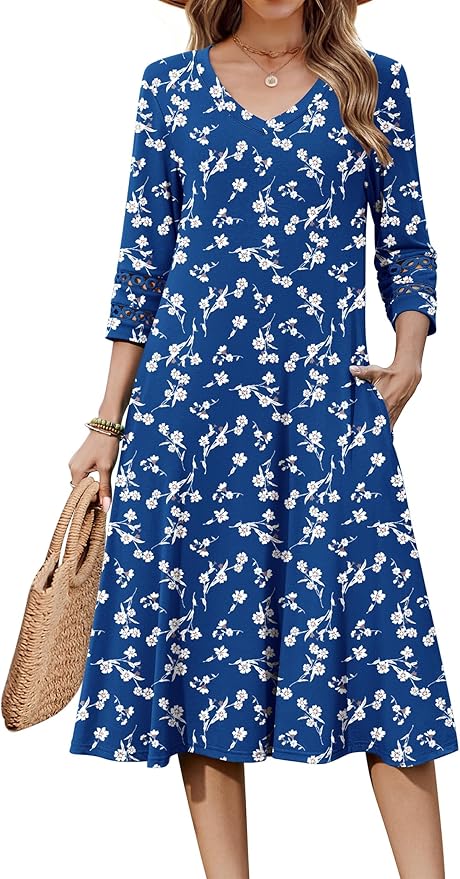 Zeagoo Women's Dresses 3/4 Sleeve Summer Casual V-Neck A Line Flowy Eyelet Midi Dress for Women Beach Vacation Sundress