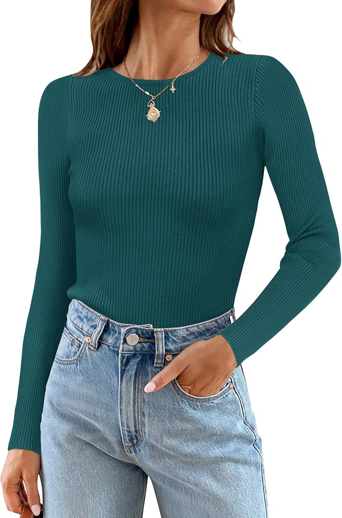 ZESICA Women's Long Sleeve Crewneck Shirts 2026 Fall Ribbed Knit Sweater Slim Fitted Casual Basic Tee Tops