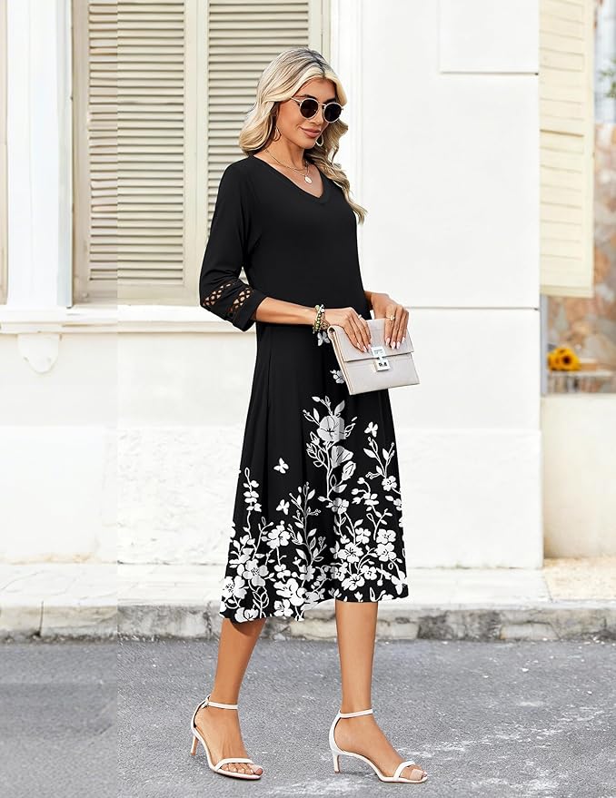 Zeagoo Women's Dresses 3/4 Sleeve Summer Casual V-Neck A Line Flowy Eyelet Midi Dress for Women Beach Vacation Sundress