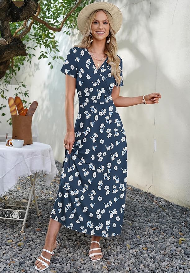 AUSELILY Maxi Dresses for Women Ankle Length Floral Print Beach Long Flowy Dress with Pockets