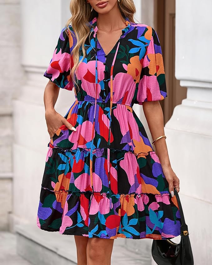BTFBM Women Summer Floral Short Dresses V Neck Short Sleeve Tiered Ruffle Boho Swing Dress A-Line Mini Dresses