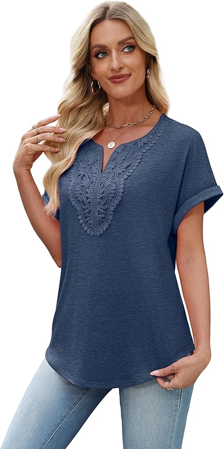 Sipaya Womens Blouses Dressy Casual Summer Shirts Short Sleeve Lace Front Boho Tunic Tops for Leggings Fashion Clothes