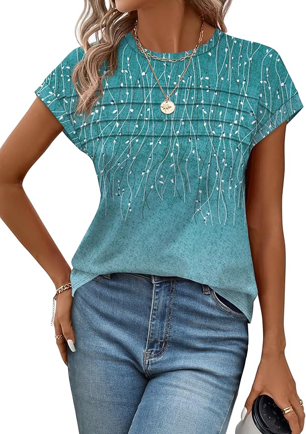 WEESO Womens Summer Tops Trendy 2026 Cap Sleeve T Shirts Crew Neck Pleated Front Beach Vacation Clothes Fashion
