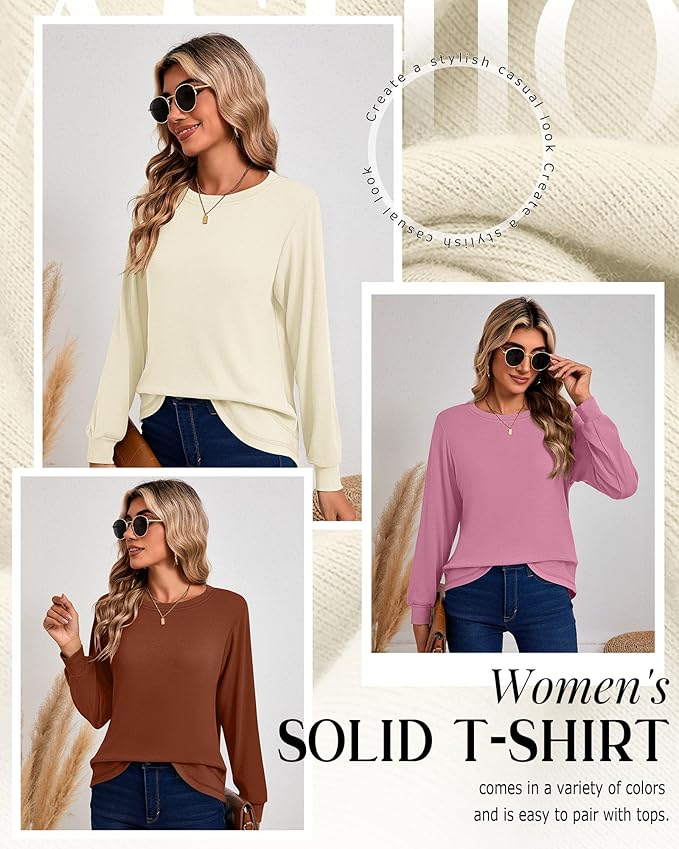 Ficerd 3 Pack Women's Long Sleeve Shirts, Cotton Crew Neck Tunic Tops Casual Loose Fit Pullover Sweatshirts Curved Hem Shirts