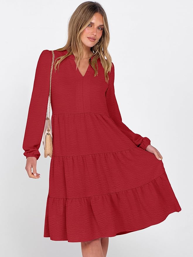 ANRABESS Womens Fall Midi Dresses Long Sleeve V Neck Swing Tiered Work Business Casual 2026 Flowy Beach Vacation Dress