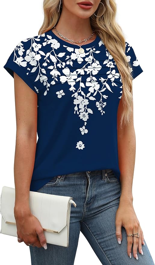 WEESO Womens Summer Tops Trendy 2026 Cap Sleeve T Shirts Crew Neck Pleated Front Beach Vacation Clothes Fashion