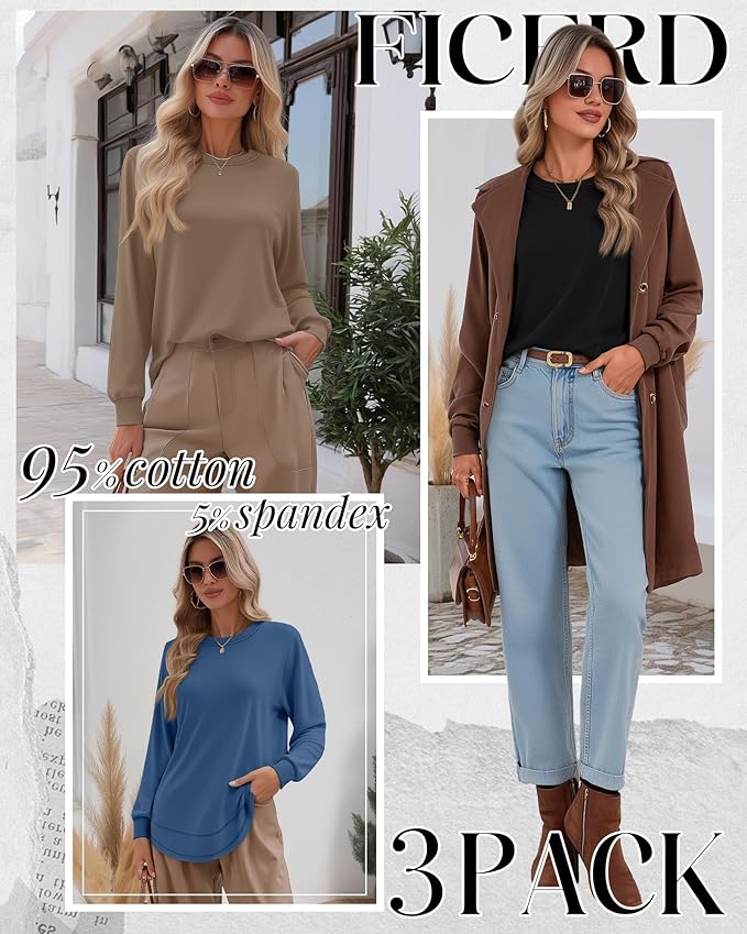 Ficerd 3 Pack Women's Long Sleeve Shirts, Cotton Crew Neck Tunic Tops Casual Loose Fit Pullover Sweatshirts Curved Hem Shirts