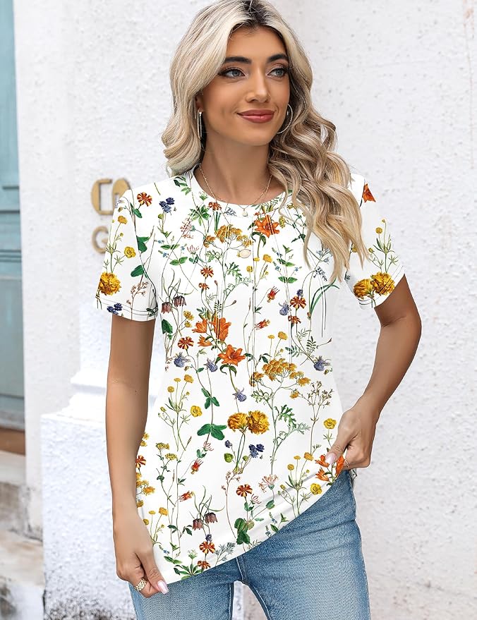 Kistore Womens Casual Crew Neck Short Sleeve Pleated Tops Blouses Fashion Clothes 2026
