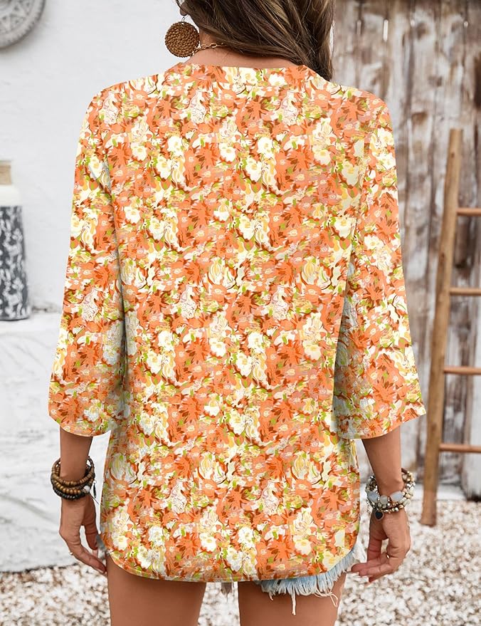 Rapbin Womens 3/4 Sleeve V Neck Floral Print Pleated Blouses for Women Dressy Casual Loose Fit Tops