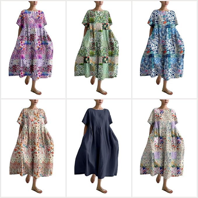 MARSVOVO Patchwork Flowy Dresses for Women Plus Size Loose Casual Tunic Dress Elegant Crewneck Maxi Dresses with Pockets