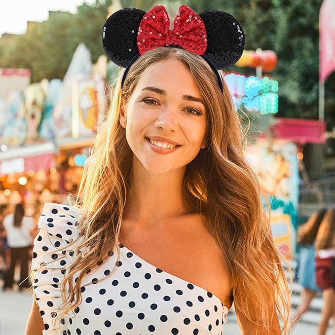 Twineek 2 Pcs Red Mouse Ears Sequin Headbands,Shiny Bows Headbands, A Perfect Addition to Your Trip Essentials Accessories for Women Grils Princess Decoration Costume Cosplay