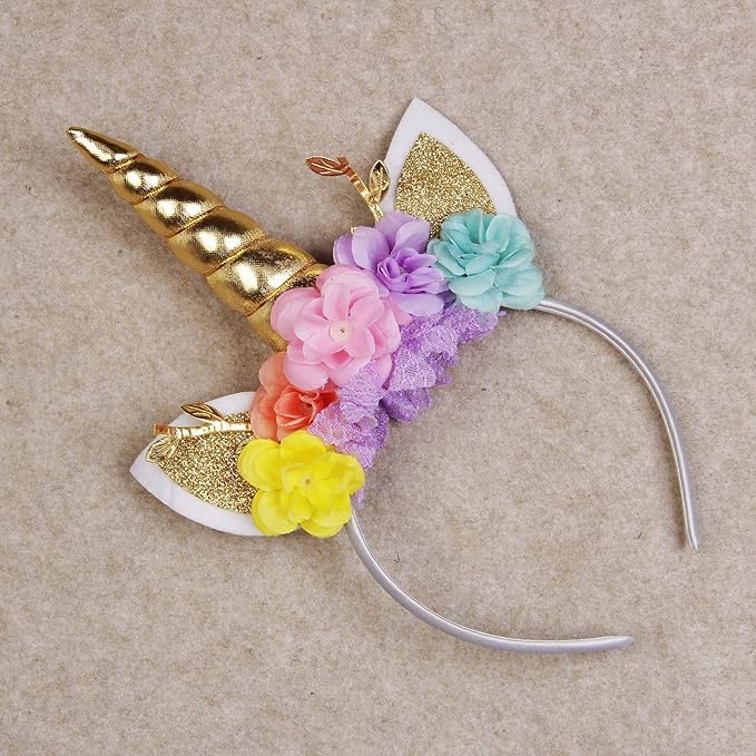 Nishine Unicorn Horn Floral Headband Glitter Ears Pony Head Bands Tiara for Girls Party Birthday Cosplay