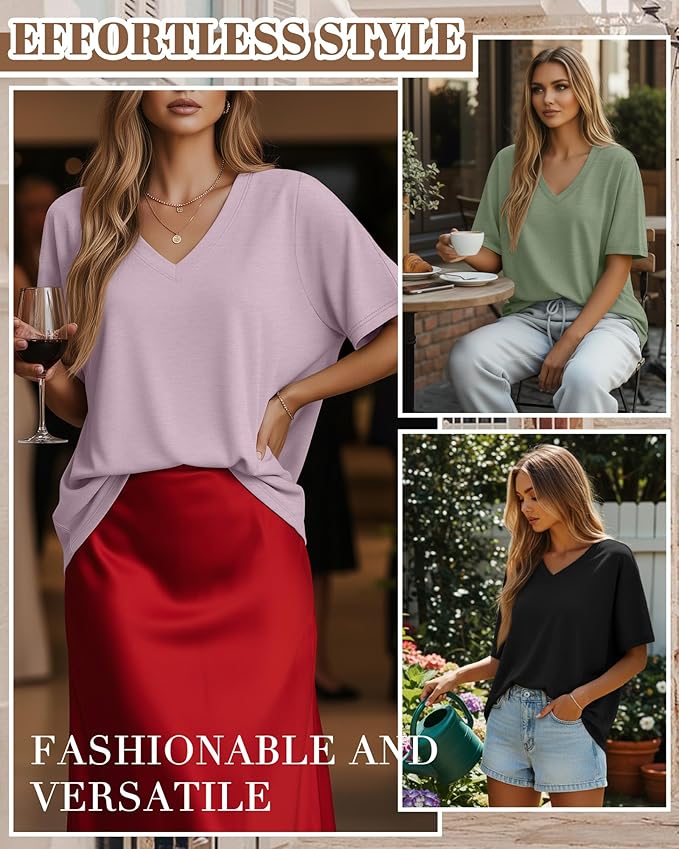 Huukeay Women's Cotton Oversized T Shirts 3 Pack V Neck Loose Fit Half Sleeve Tops Baggy Casual Summer Gym Workout Tees 2026