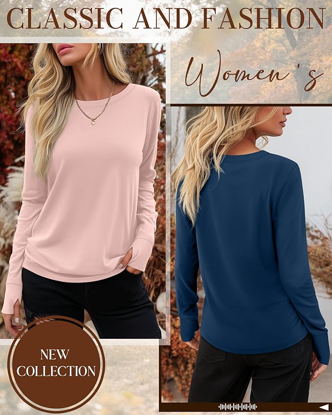 Huukeay 3 Pack Women's Long Sleeve Shirts with Thumb Holes, Cotton Casual Crew Neck Tunic Tops Fall Loose Y2k Trendy Outfits