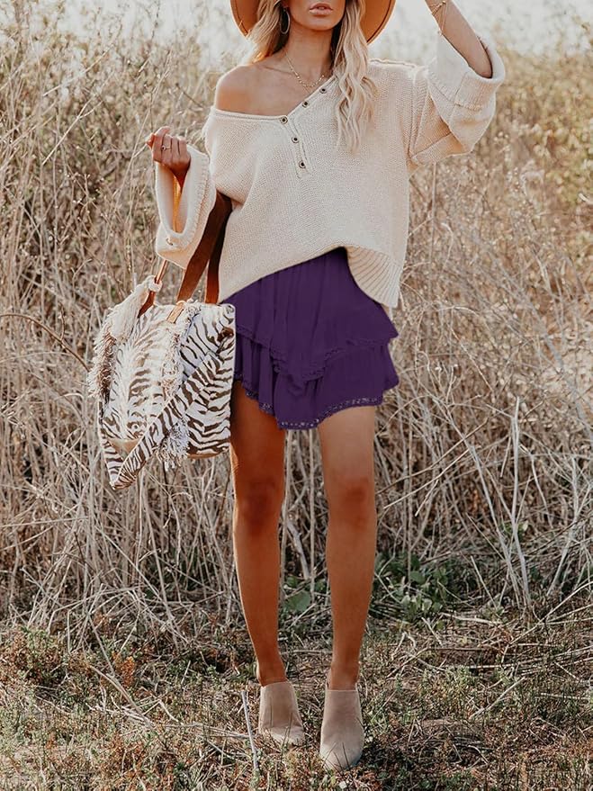 Aoudery Flowy Shorts for Women Casual Boho Ruffle Tiered Skorts High Waist Mini Skirts Golf Tennis Crochet Shorts