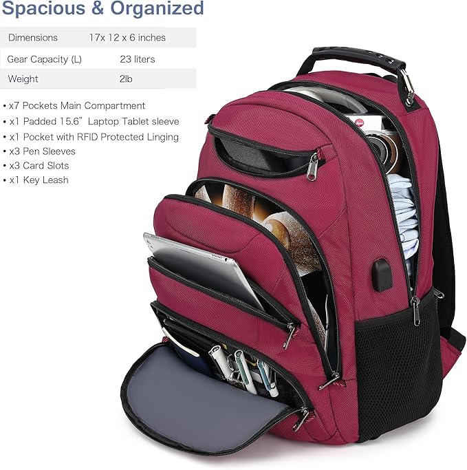 Boavan Laptop Backpack for men, 15.6 inch Laptop Bag with USB Port, Waterproof Travel Work Backpack Purse, Anti-Theft Teacher Nurse Doctor Casual Bookbags Office Business backpack，Russet Red