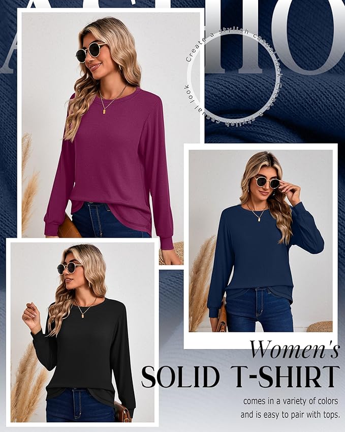 Ficerd 3 Pack Women's Long Sleeve Shirts, Cotton Crew Neck Tunic Tops Casual Loose Fit Pullover Sweatshirts Curved Hem Shirts