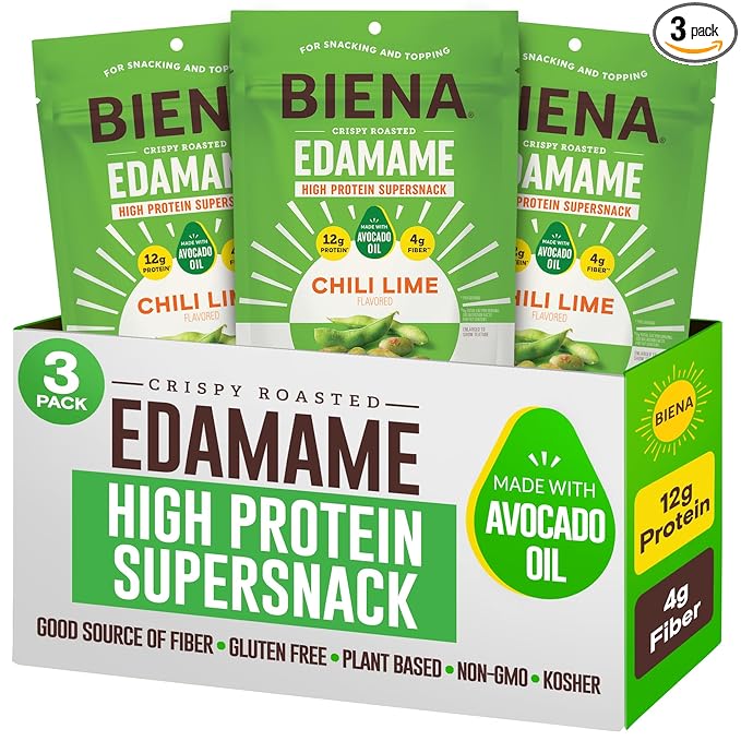 Biena Crispy Roasted Edamame Beans Snack – High Protein Snack for Adults & Kids, 12g-13g Protein per Serving - Made with Avocado Oil – Vegan, Low Carb, Gluten-Free – 3-Pack 4.75oz, Chili Lime