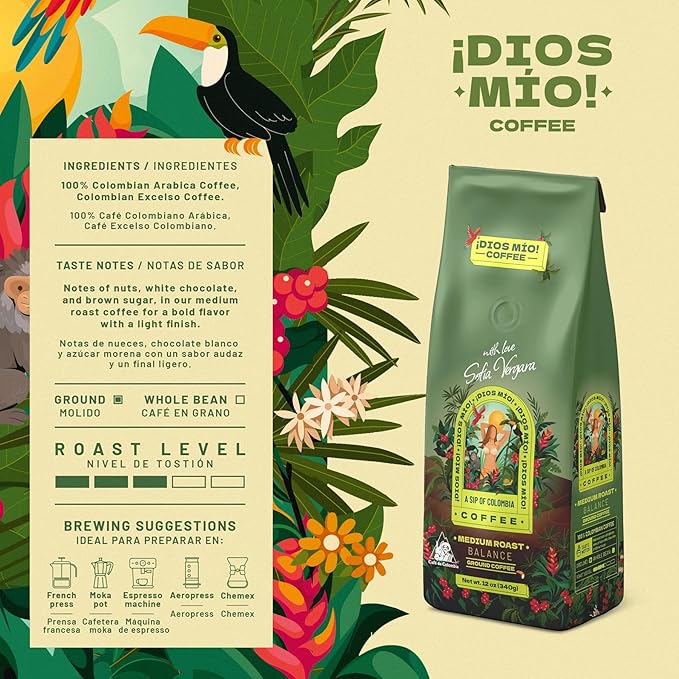 Dios Mio Coffee by Sofia Vergara, Medium Roast, Ground Premium Colombian Coffee, 12 Ounce Bag