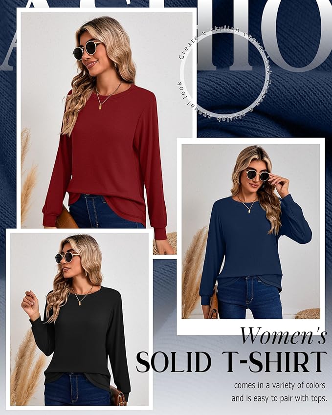 Ficerd 3 Pack Women's Long Sleeve Shirts, Cotton Crew Neck Tunic Tops Casual Loose Fit Pullover Sweatshirts Curved Hem Shirts
