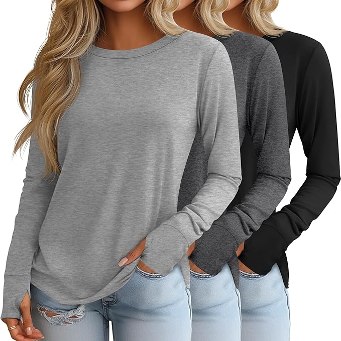 Huukeay 3 Pack Women's Long Sleeve Shirts with Thumb Holes, Cotton Casual Crew Neck Tunic Tops Fall Loose Y2k Trendy Outfits