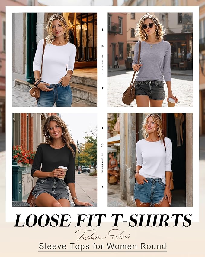 Ficerd 3 Pack 3/4 Sleeve Tops for Women Round Neck Dressy Basics Tees Casual Trendy Loose Fit T Shirts