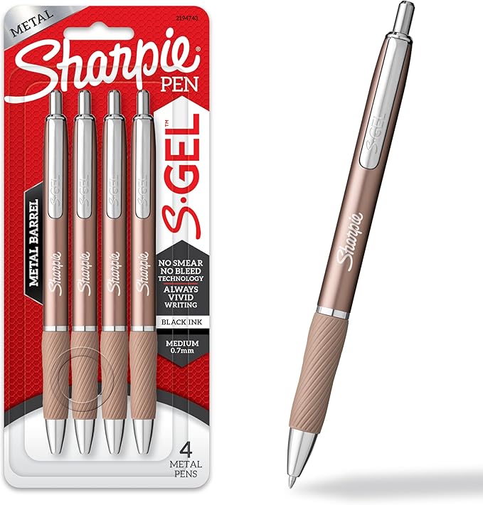 Sharpie S-Gel Gel Pens Sleek Metal Barrel Champagne Medium Point (0.7mm) Black Ink 4 Count