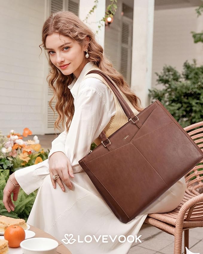 LOVEVOOK Lunch Tote Bag for Women, 3 in 1 Work Bag with Leakproof Cooler Compartment, Laptop Bag with Large Cup Holder for Office, College, Casual, Retro Brown