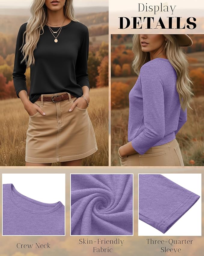 Ficerd 3 Pack 3/4 Sleeve Tops for Women Round Neck Dressy Basics Tees Casual Trendy Loose Fit T Shirts