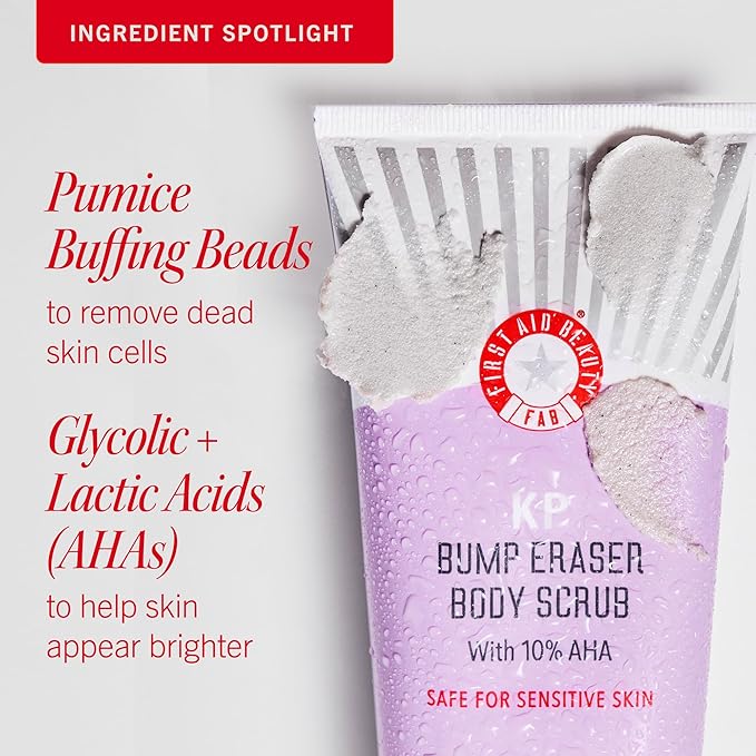 First Aid Beauty - KP Bump Eraser Body Scrub with 10% AHA, Keratosis Pilaris Skin Exfoliater with Glycolic and Lactic acids, Helps Reduce Chicken Skin Bumps, Safe for Sensitive Skin, 4 oz