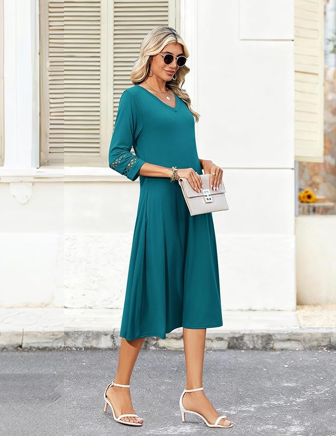 Zeagoo Women's Dresses 3/4 Sleeve Summer Casual V-Neck A Line Flowy Eyelet Midi Dress for Women Beach Vacation Sundress