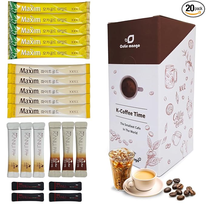 CUTIE MANGO Maxim & KANU Premium Korean Instant Coffee Sampler White, Mocha Gold, Americano, Latte Café-Style Camping Party Easy-to-Mix Single Serve Packets Variety Pack 20 Sticks (6 Flavors)