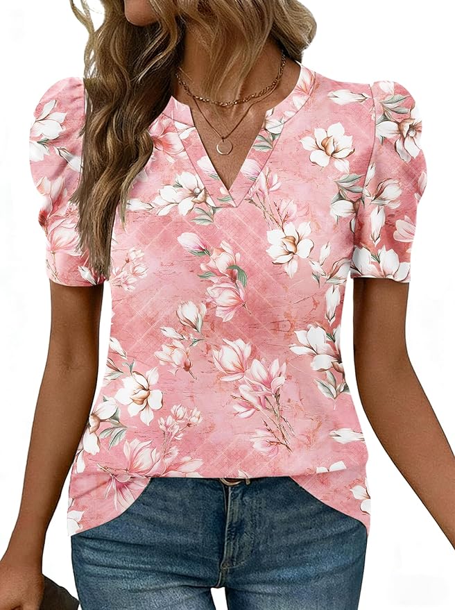 Lomon Spring Summer Tops for Women 2026 V Neck Puff Short Sleeve Tops Fashion Trendy Work Blouses Dressy Casual S-XXL