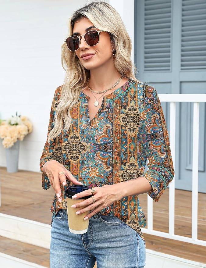 Ivicoer 3/4 Length Sleeve Womens Tops V Neck Lace Embroidered Summer Blouses Loose Fit Tunic Dressy Casual