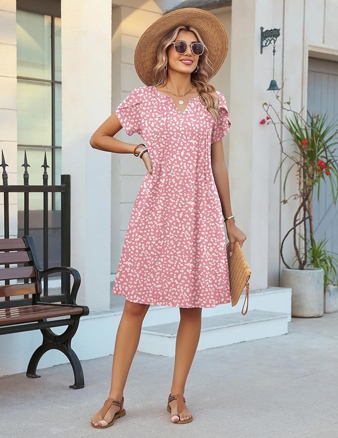 Zeagoo Women's Casual Dresses with Pockets Summer Floral V-Neck A-Line Tshirt Dress Short Sleeve Mini Dress Beach Sundress