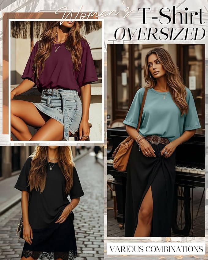 Riyiper 3 Pack Women's Oversized T-Shirt Half Sleeve Summer Tees Casual Loose Fit Crew Neck Basic Tops