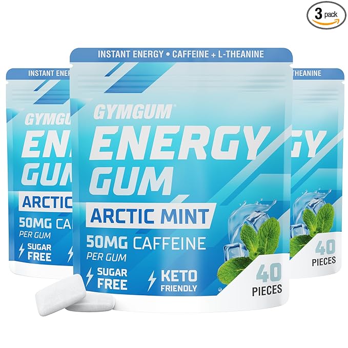 GYMGUM Energy Caffeine Gum | 50mg Caffeine | Sugar-Free, Keto-Friendly | Fast-Acting Energy & Focus Gum with Guarana & L-Theanine (120 Count, Arctic Mint)