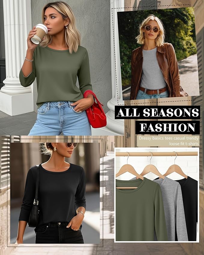 Ficerd 3 Pack 3/4 Sleeve Tops for Women Round Neck Dressy Basics Tees Casual Trendy Loose Fit T Shirts