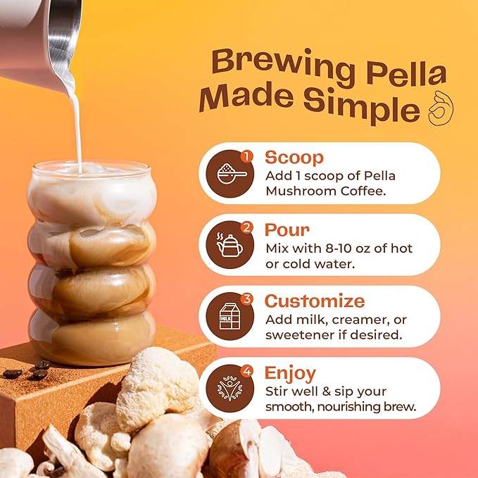 Pella Nutrition Mushroom Coffee – Lions Mane, Reishi, Chaga, Cordyceps, Shiitake, Maitake, and Turkey Tail Mushroom Supplement – Superfood Instant Coffee for Focus & Energy (Regular Caffeine, 60 Cups)