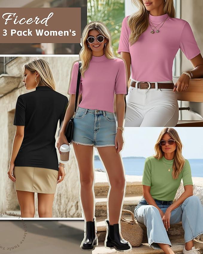 Ficerd 3 Pack Women's 1/2 Sleeve Mock Turtleneck Shirts, Elbow Length Shirt Half Sleeve Tunic Top Casual Summer Basic Tees