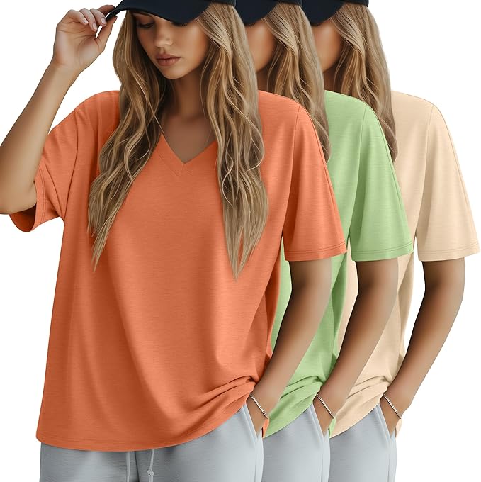Huukeay Women's Cotton Oversized T Shirts 3 Pack V Neck Loose Fit Half Sleeve Tops Baggy Casual Summer Gym Workout Tees 2026