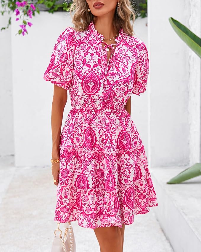BTFBM Women Summer Floral Short Dresses V Neck Short Sleeve Tiered Ruffle Boho Swing Dress A-Line Mini Dresses