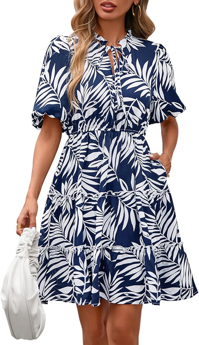 BTFBM Women Summer Floral Short Dresses V Neck Short Sleeve Tiered Ruffle Boho Swing Dress A-Line Mini Dresses