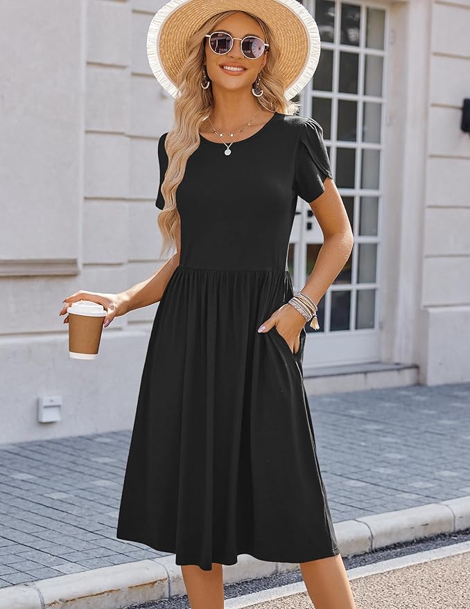 HOTOUCH Women's Summer A-Line Midi Dresses 2026 Casual Floral Short Sleeve T-Shirt Dress Flowy Beach Sundress with Pockets