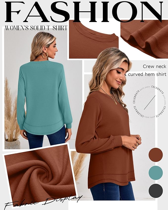 Ficerd 3 Pack Women's Long Sleeve Shirts, Cotton Crew Neck Tunic Tops Casual Loose Fit Pullover Sweatshirts Curved Hem Shirts