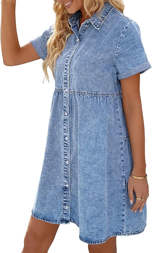LookbookStore Women's Short Sleeve Button Down Flowy Tiered Babydoll Denim Dress