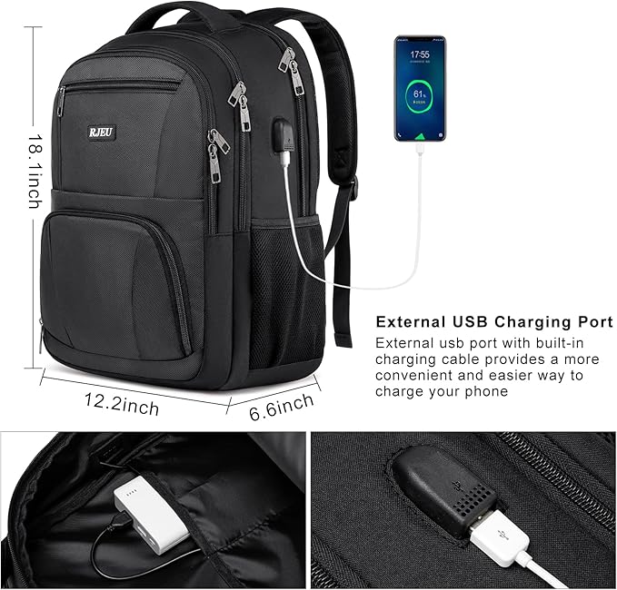 RJEU School Backpack for Teen Boys,15.6 Inch Anti Theft Laptop Bookbag with USB Charging Port, Water Resistant College, High School, Ergonomic Straps, Multiple Compartments, Men, Black