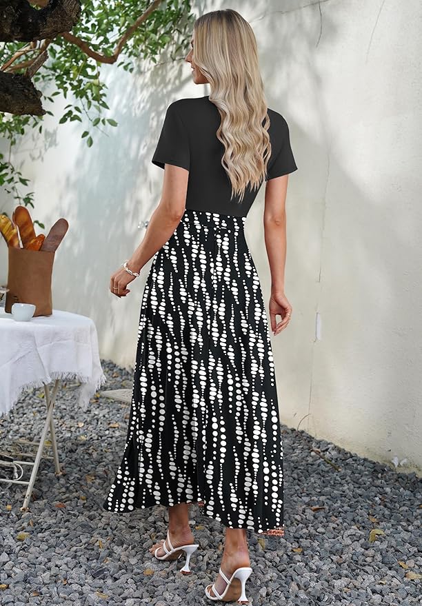 AUSELILY Maxi Dresses for Women Ankle Length Floral Print Beach Long Flowy Dress with Pockets